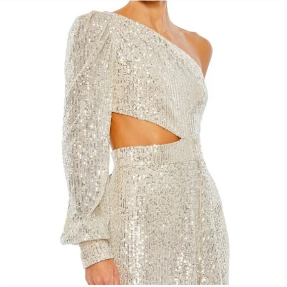 Mac Duggal Sequined One Shoulder Cut Out Gown Silver 26730 Size 8 New - Picture 3 of 14